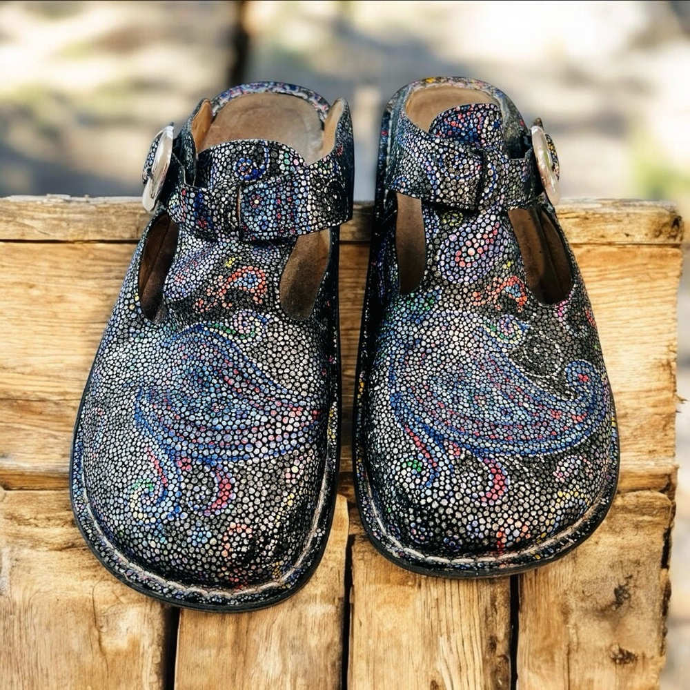 Alegria Black Multicolor Paisley Mary Jane Clogs